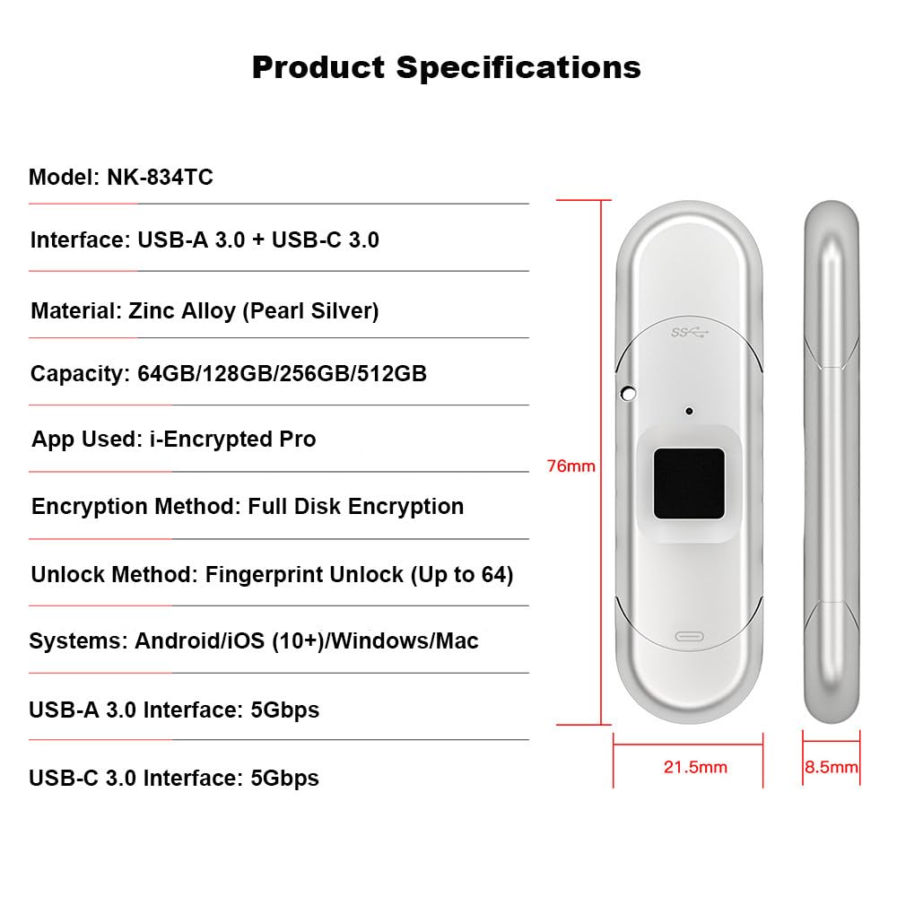 unità USB Crittografata,Memoria Esterna con Impronta Digitale,Elevata Compatibilità,64Gb/128Gb/256Gb/512Gb,64 Impronte Digitali Integrate,Protezione Tramite Password,USB 3.0/Tipo C 64GB