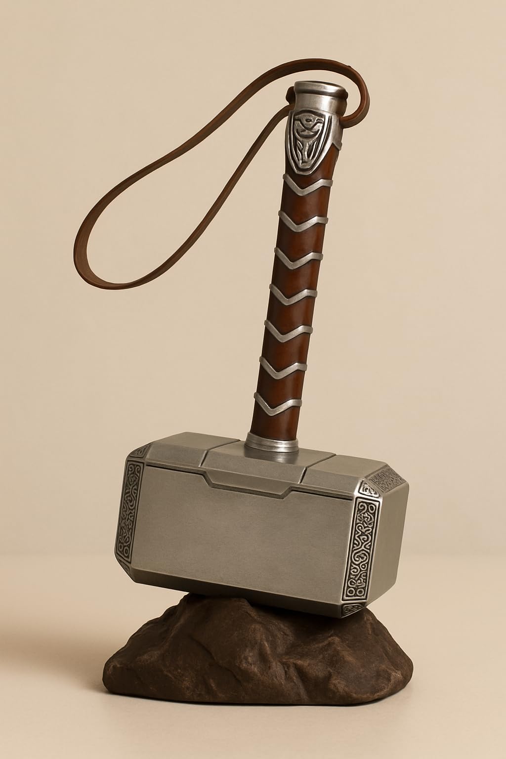 Norse Mythology Thor's Hammer Replica, Premium Metal Finish, Brown Leather Handle, Collector's Edition, Movie-Style Design with Norse Engravings, Display Piece