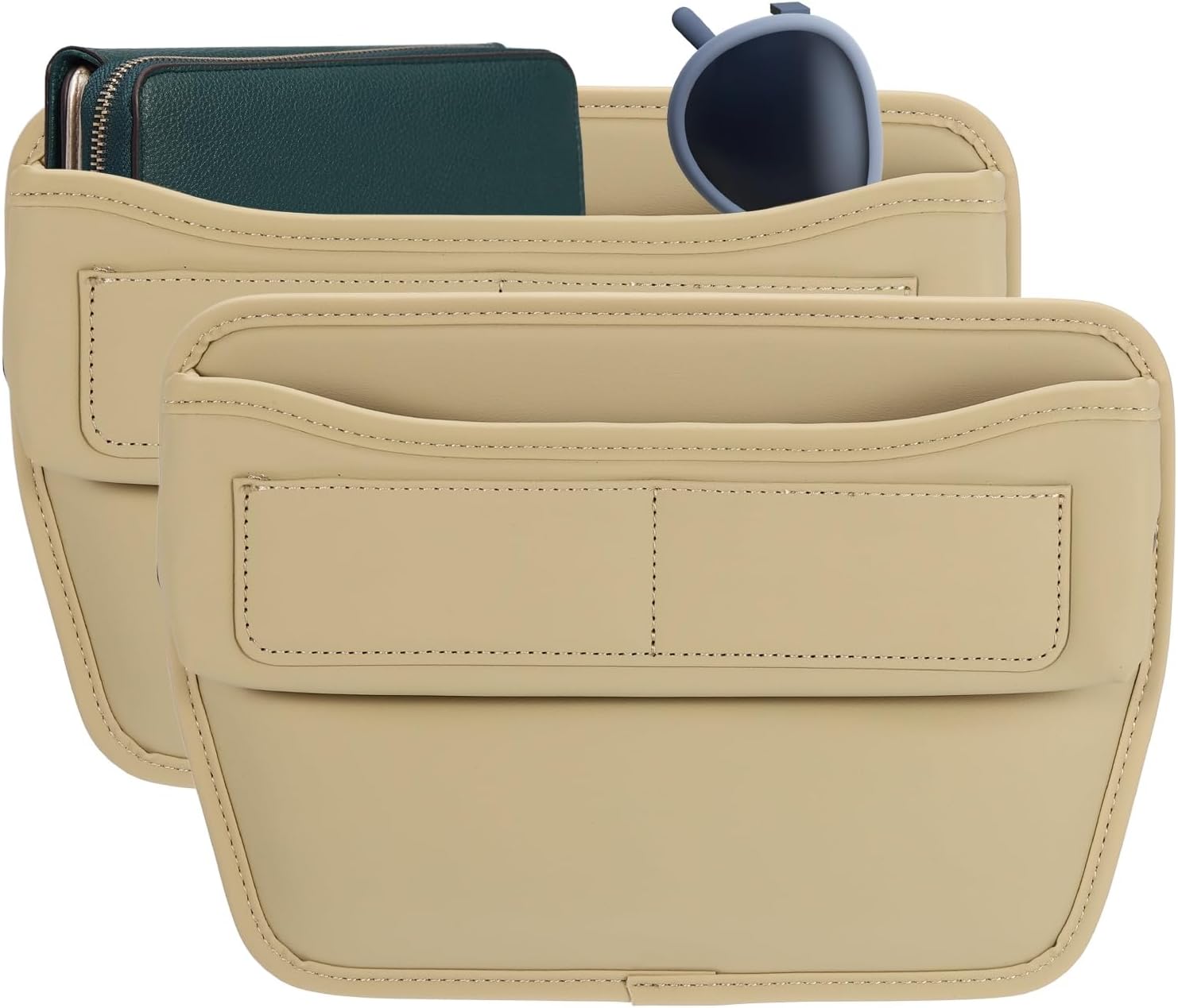 HARFINGTON 2pcs Car Seat Gap Filler Organizer 11.3 x 8 x 2.2 Inch Leather Universal Car Organizer Storage Box Between Seat and Console for Phone Sunglasses Keys, Beige