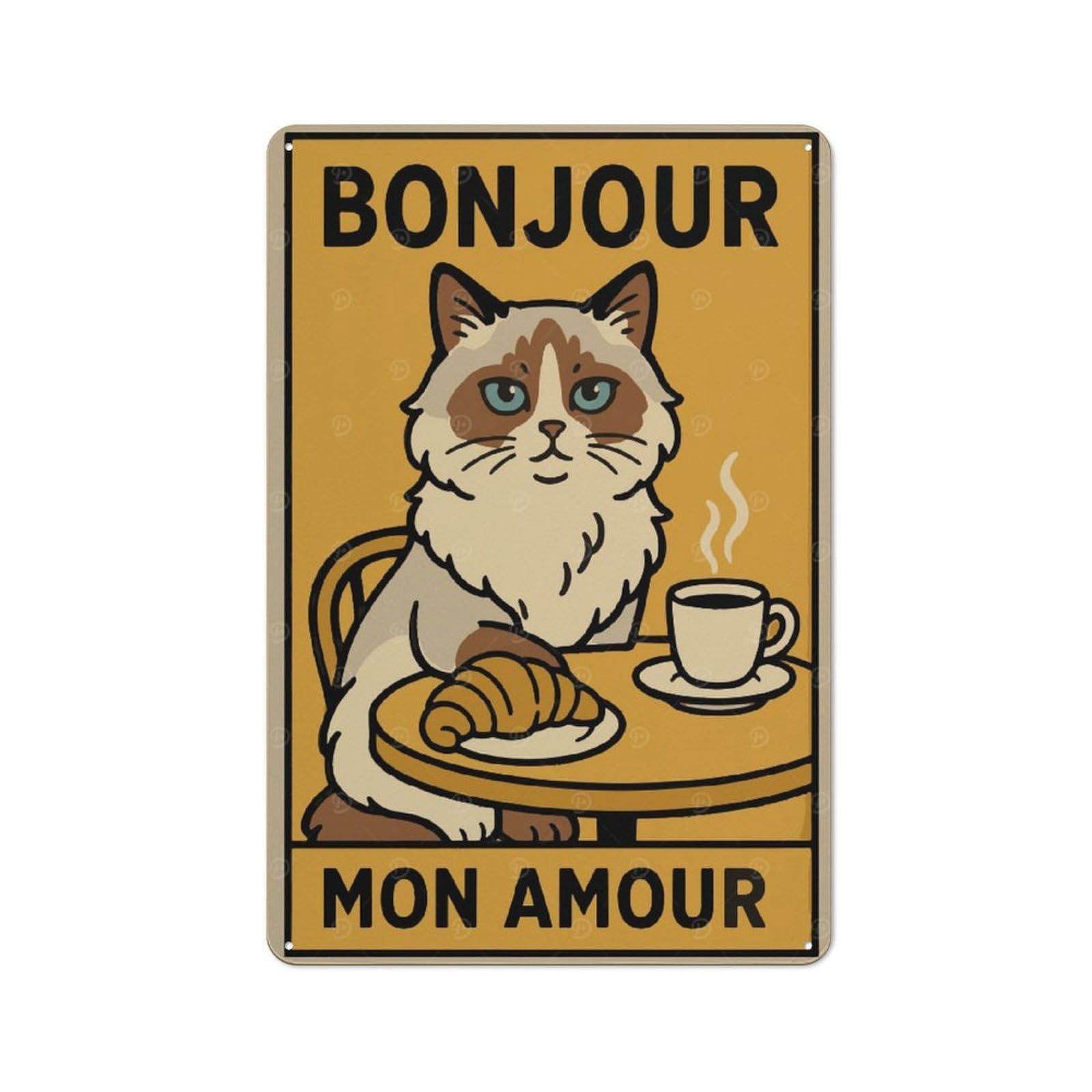 Junmoney Bonjour Mon Amour Cat Illustration Metal Sign 30X20cm With For Home Bar Wall, Vintage Decor, Wall Decoration For Home Bars And Entertaining Spaces