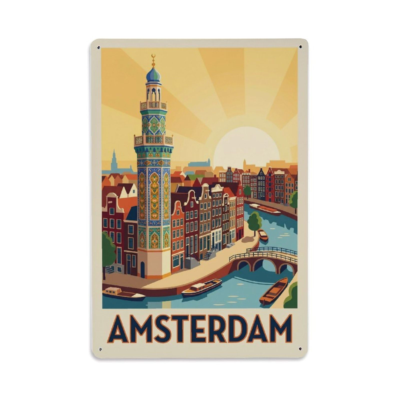Vintage Travel Minaret Netherlands Slender Metal Tin Sign Plaque Wall Decor for Cafe, Club Bar, Office, Home Garden Metal Poster 8x12Inch