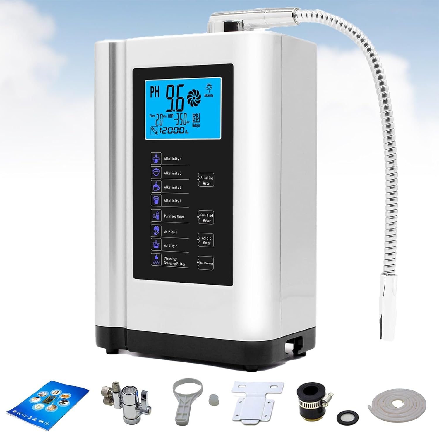 Water Purifier Machine Orp up to ±550mv 7 Water Quality Settings Ph Value 3.5-10.5 8000 Liters per Filter Hydrogen Content up to 1300ppb 360° Rotating Water Outlet,White