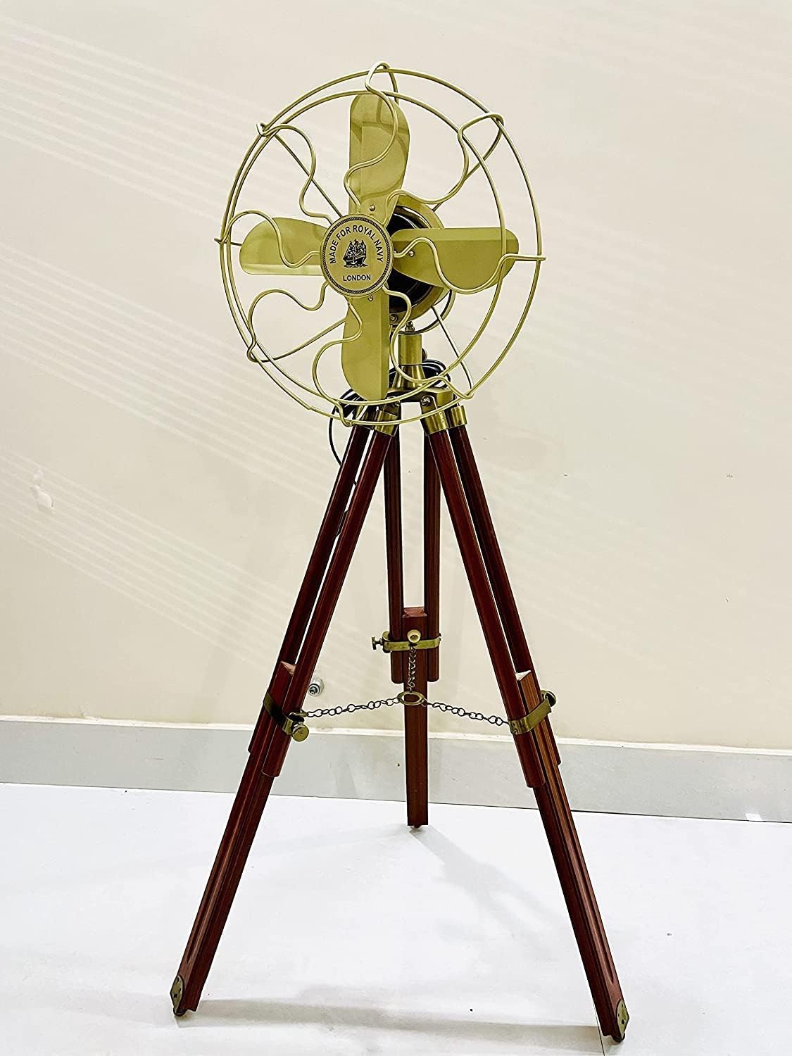 B A INSTRUMENTS Handmade Antique Floor Fan, Royal Navy Fan With Brown Wooden Tripod Stand Handmade Antique Floor Fan, Royal Navy Fan With Brown Wooden Tripod Stand