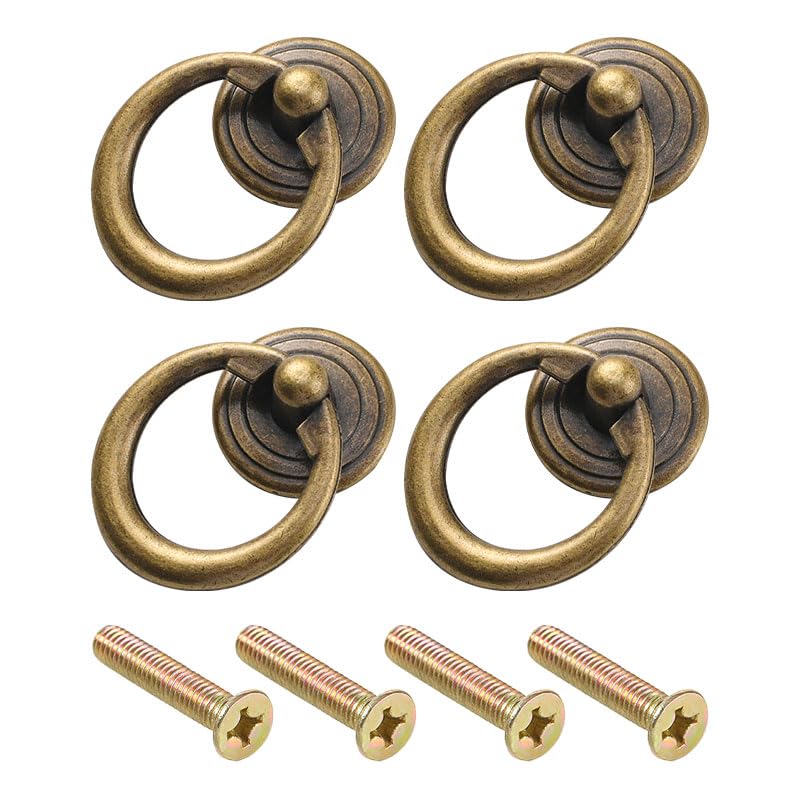 BroLuka 4 Pcs Vintage Metal Drawer Pulls and Ring Pulls, Antique Cabinet Pull Rings with Screws for Dresser Wardrobe Cupboard（Bronze）