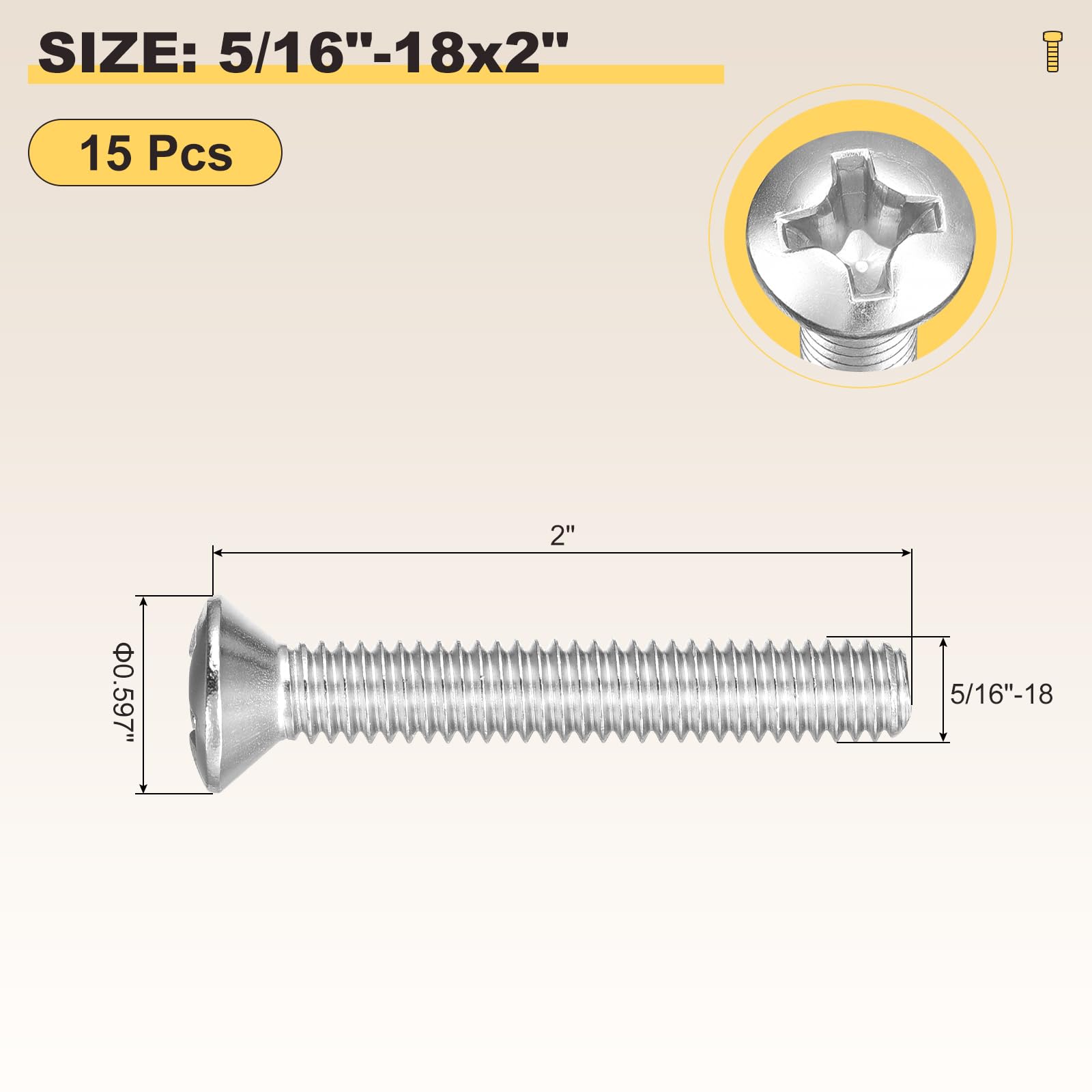 METALLIXITY Phillips Cross Recessed Countersunk Head Screws Bolts (5/16"-18x2") 15Pcs - Image 2