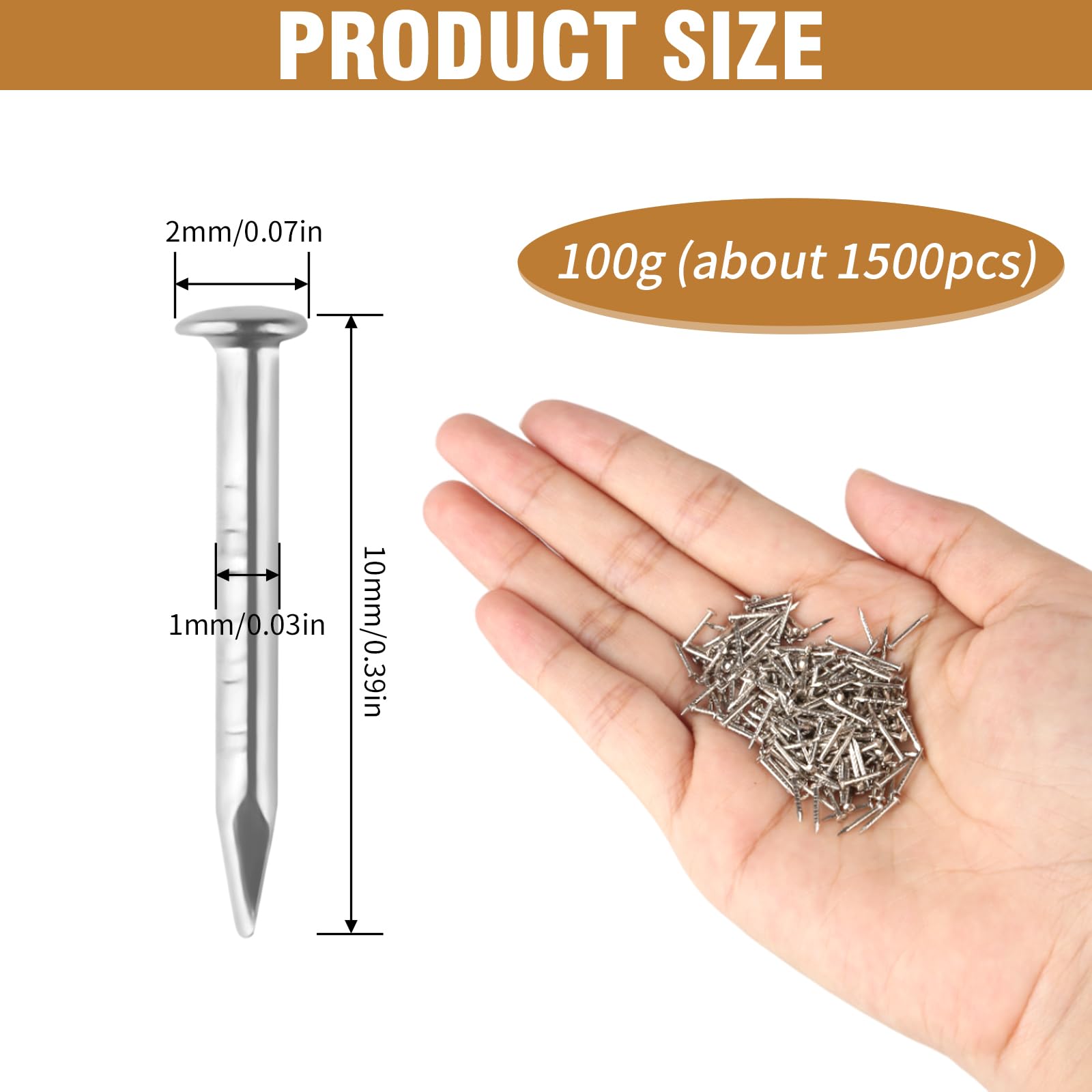Golden Nails Round Head, Pack of 1500 Small Golden Nails, 1 x 10 mm Brass Coated Nails, Round Head - Image 2