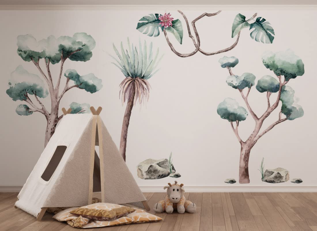 SAVANNA SPIRIT XL | Adesivo da parete per cameretta dei bambini con alberi tropicali | Decorazione da parete per cameretta dei bambini | Decorazione da parete della giungla autoadesiva