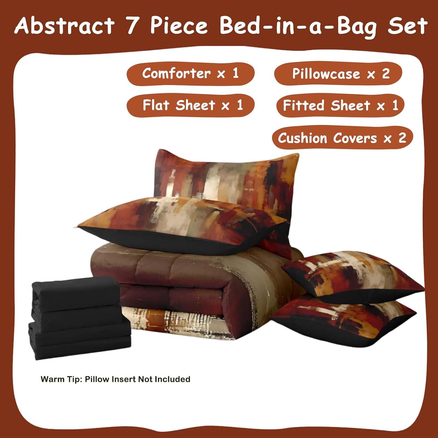Feelyou Burnt Orange Comforter Set with Sheets 7 Piece Queen Size Abstract Rust Art Bedding Set for Kids Boys Girls Geometric Modern Chic Bed in a Bag Farmhouse Room Decor Soft Lightweight Microfiber