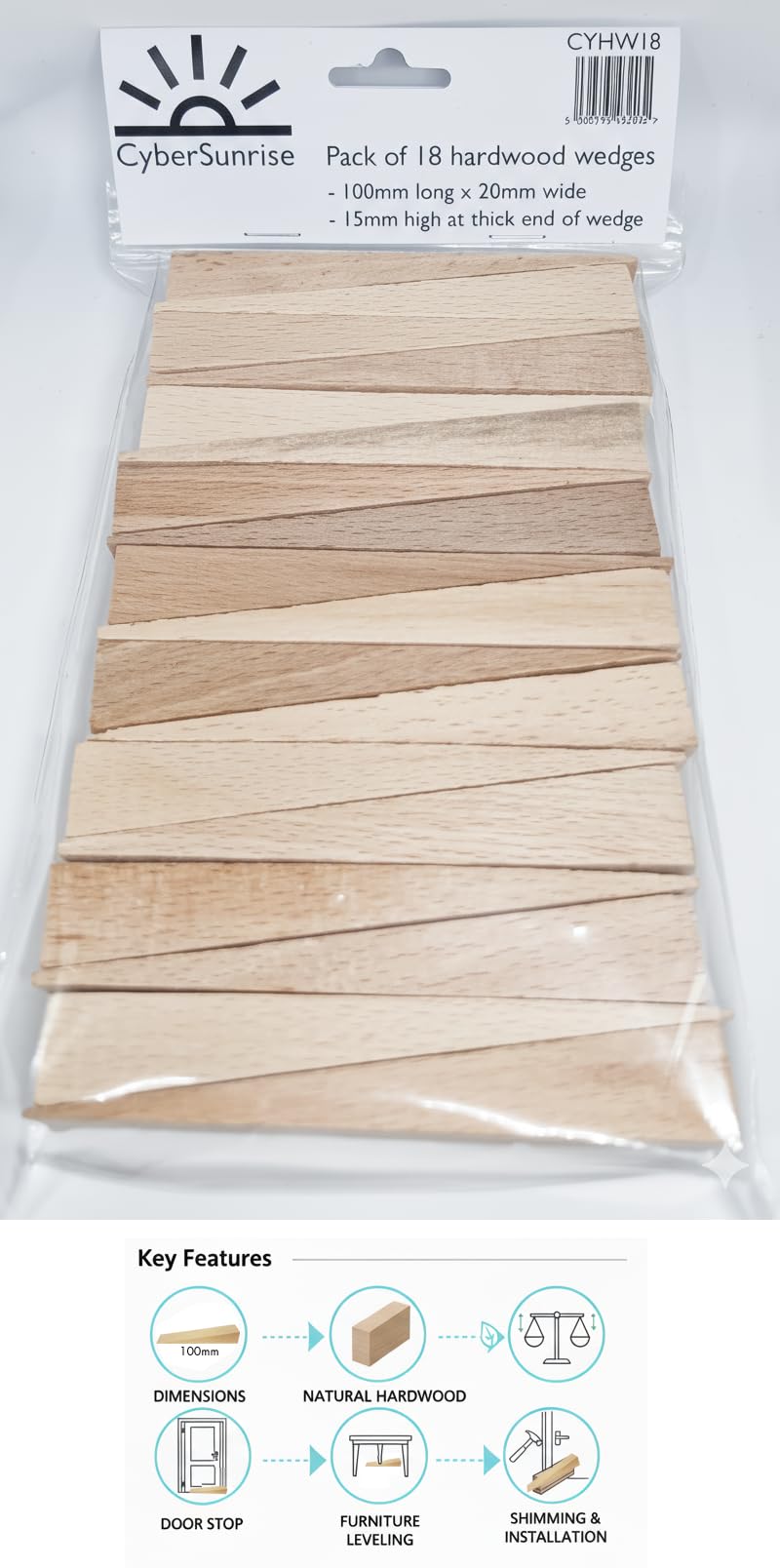 CyberSunrise Premium Hardwood Wedges (Pack of 18) – Heavy Duty Wooden Shims for Furniture Leveling, DIY Projects, Rattle-Free Fencing & Door Stops – 100mm x 20mm