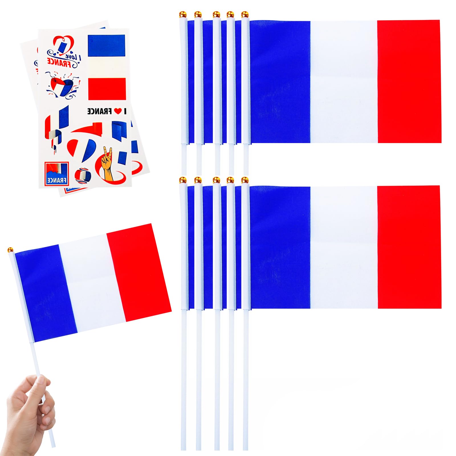 10pcs Small French Flags on Sticks & 2pcs Temporary Tattoos for Football 2025 Party,Mini France Flags on Sticks Hand Held Flags for VE Day 80th Events Celebration France Party Decorations