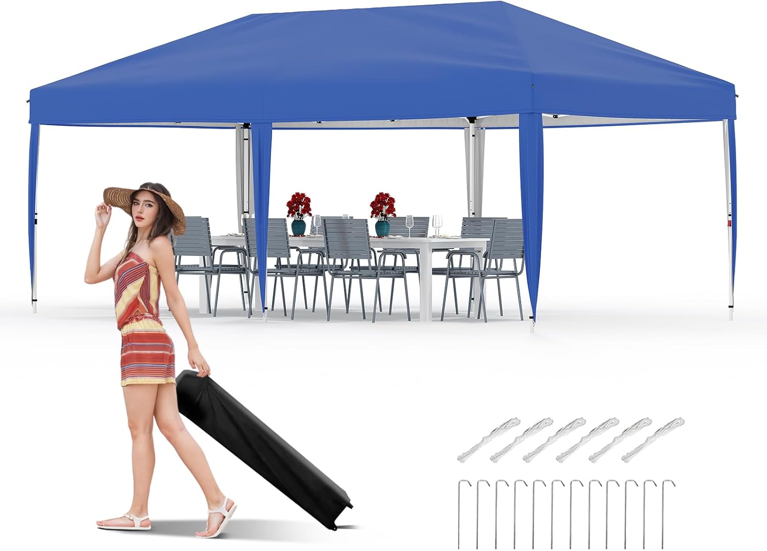 10x20 Pop Up Canopy - Easy Up Camping Tent with One Roller Bag, 3 Adjustable Height, 4 Weight Bags for Deck, Garden, Sports, Beach, Party - Blue Blue 10x20