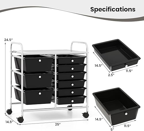 Vista 149 de Giantex - Carrito rodante, 10 cajones, organizador para aula, carrito de almacenamiento con ruedas para útiles escolares, de oficina, hogar, Negro