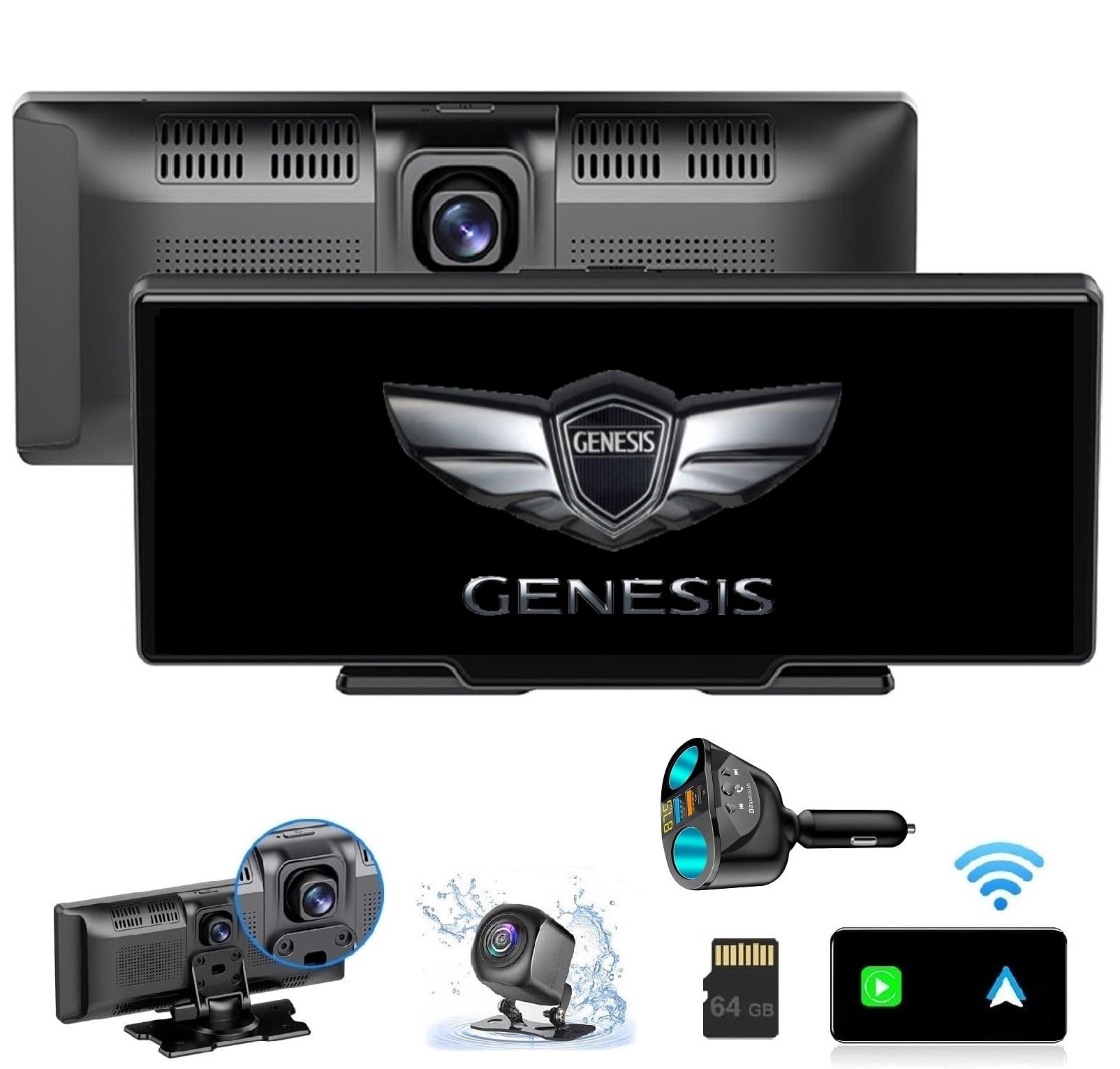 World's First *Dual BlueTooth, Car Logo Start Screen* Portable Wireless Carplay/Android Auto Display, 2.5K Dash Cam, 9.3" HD IPS Touch Screen,1080p Rear Cam, Loop Record, Mobile Mirror (Genesis)