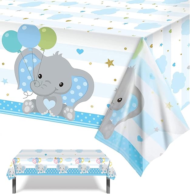 POPOYU Baby Blue Elephant Baby Shower Decoration Disposable Tablecloth 54 x 108 Inches Rectangle Plastic Waterproof Table Cover for Baby Boy Girl Gender Reveal Party Supplies
