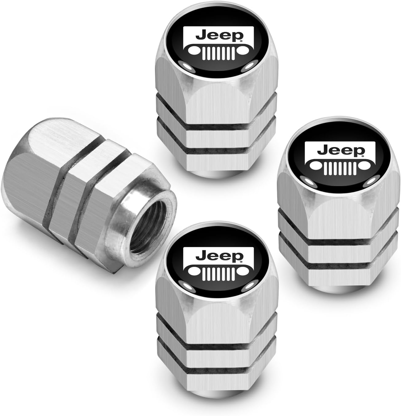 iPick Image for Jeep Grill Logo in Black on Silver Hexagon Shape Aluminum Tire Valve Stem Caps