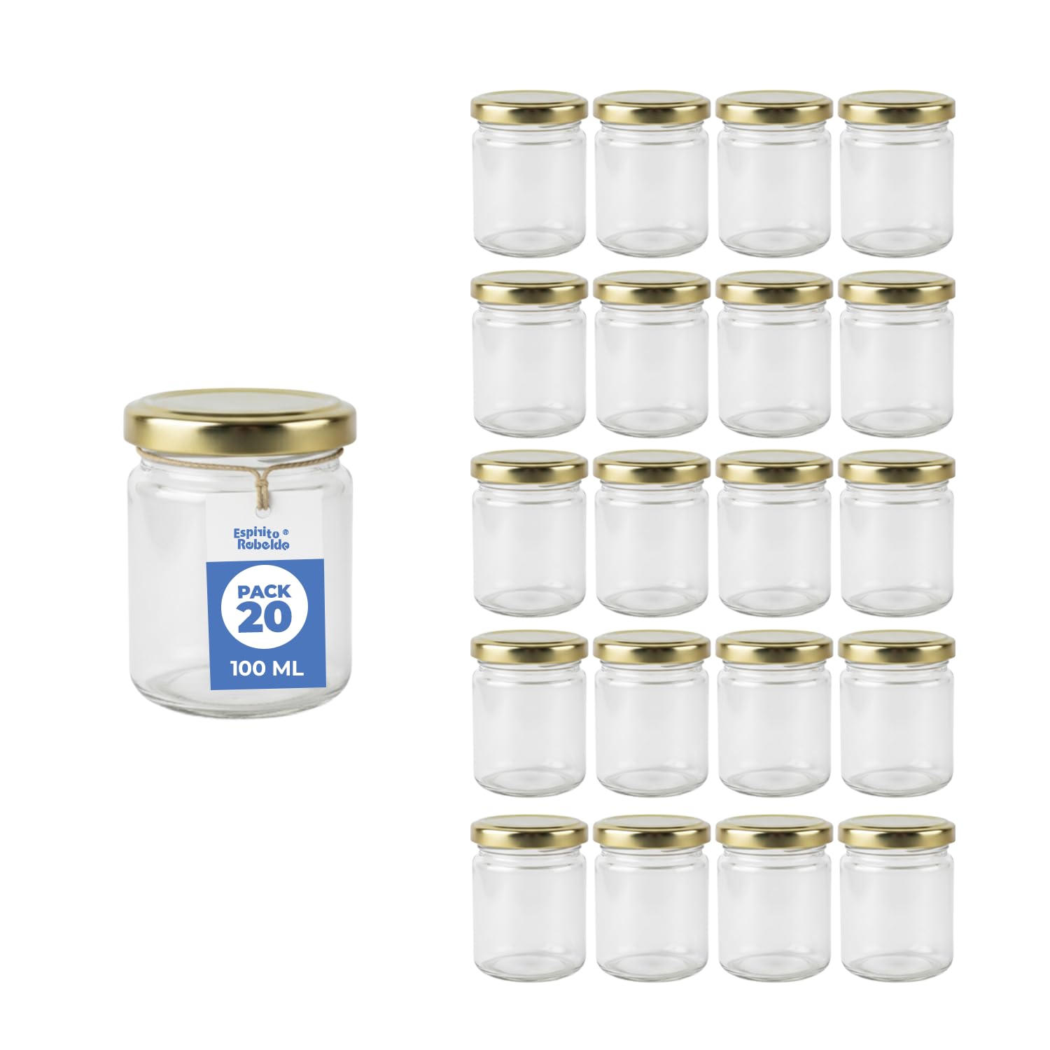 Espirito Rebelde Lot de 20 Pots en Verre Vides avec Couvercle Doré de 100 ml - Pots pour confitures, Bocaux pour Conserves, Miel, Yaourt, Marriage