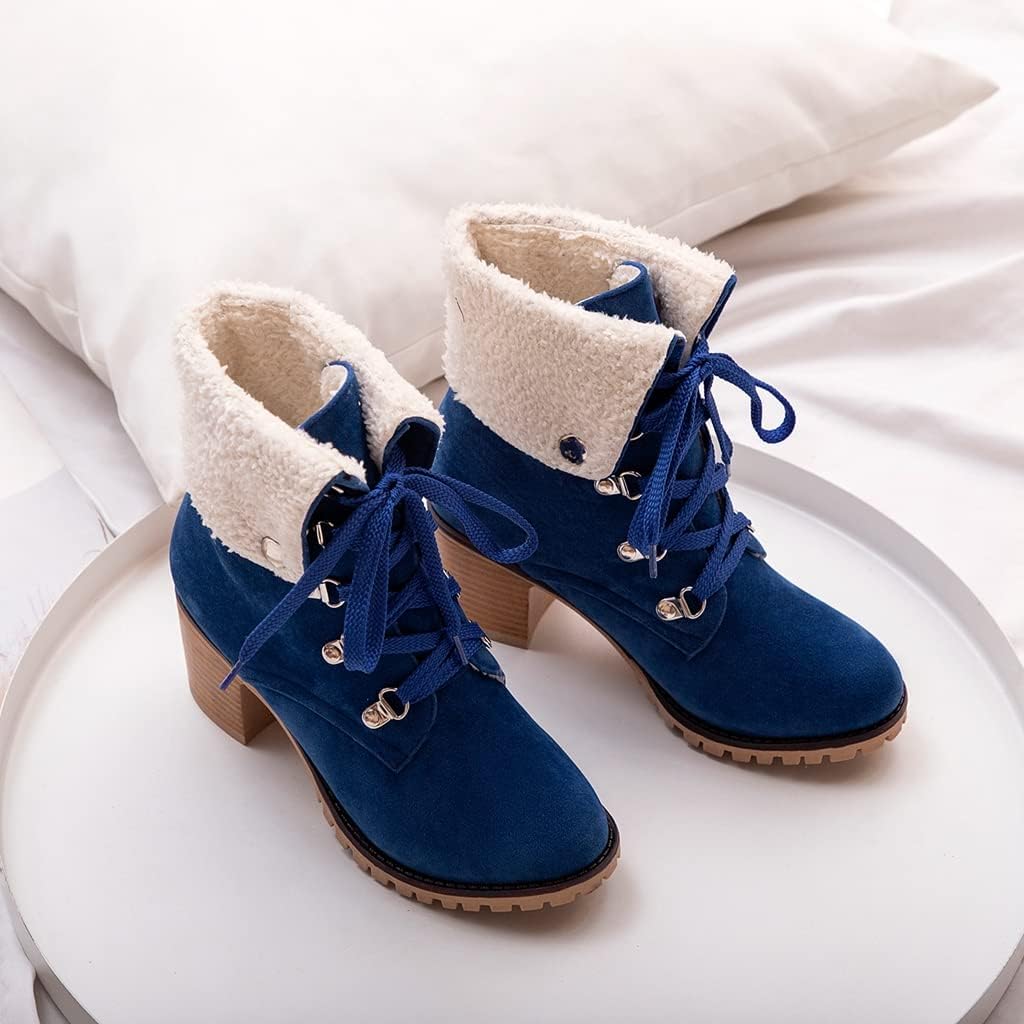 MIOKE Women's Round Toe Dressy Ankle Boots Suede Lace Up Platform Chunky Mid Heel Winter Fur Short Booties