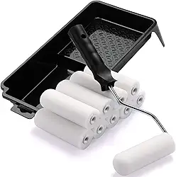 ACEBON Conjunto de 10 mini rolos de pintura de espuma para pintura com brilho e cetim, madeira e metal, rodapé, peitoris de janela, portas, conjunto de rolo e bandeja de 10 cm