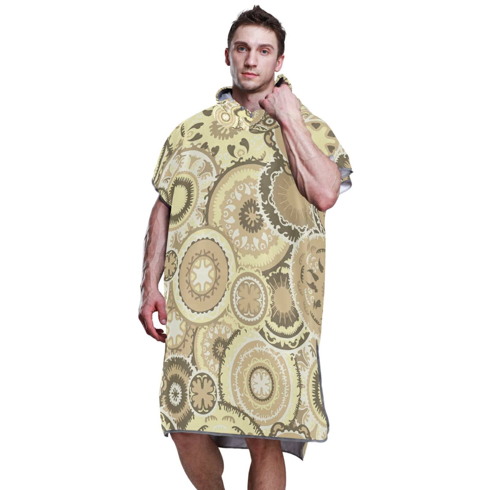 Accappatoio con cappuccio e tasca, ad asciugatura rapida, asciugamano in microfibra per bagno, spiaggia, colore beige e marrone