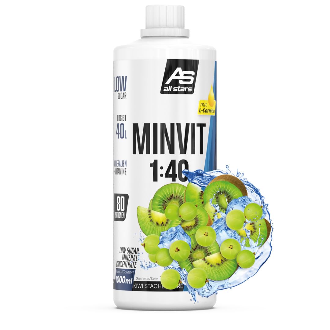 ALL STARS Minvit + L-Carnitin Vitamin Drink Konzentralt 1L Kiwi Stachelbeere - Wertvoller Mineralstoff- und Vitamin Komplex mit Vitamin B1, B6, B12, Enthält Kalium, Magnesium & L-Carnitin