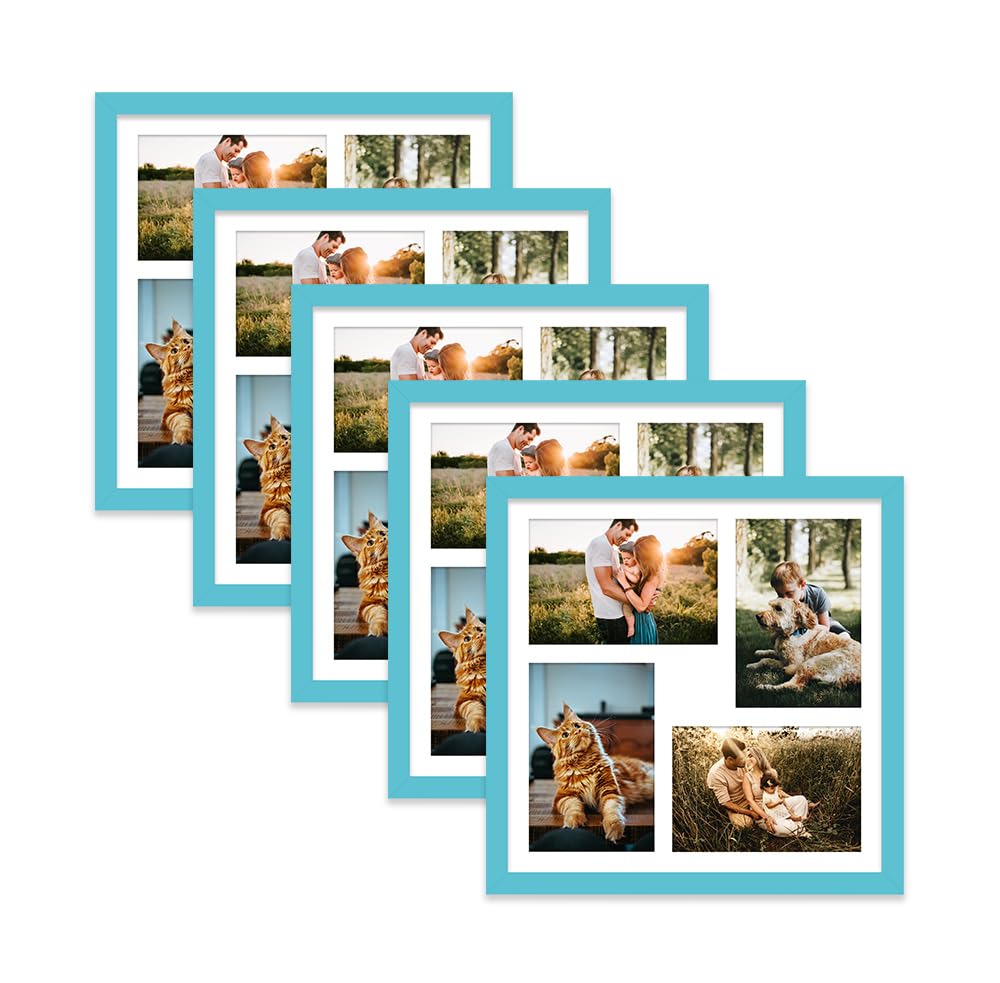 Turquoise Multi Photo Frame - Holds 4 x 6x4 Pictures, Family Collage Picture Frame for Wall Display, 12x12 Frame size, Set of 5