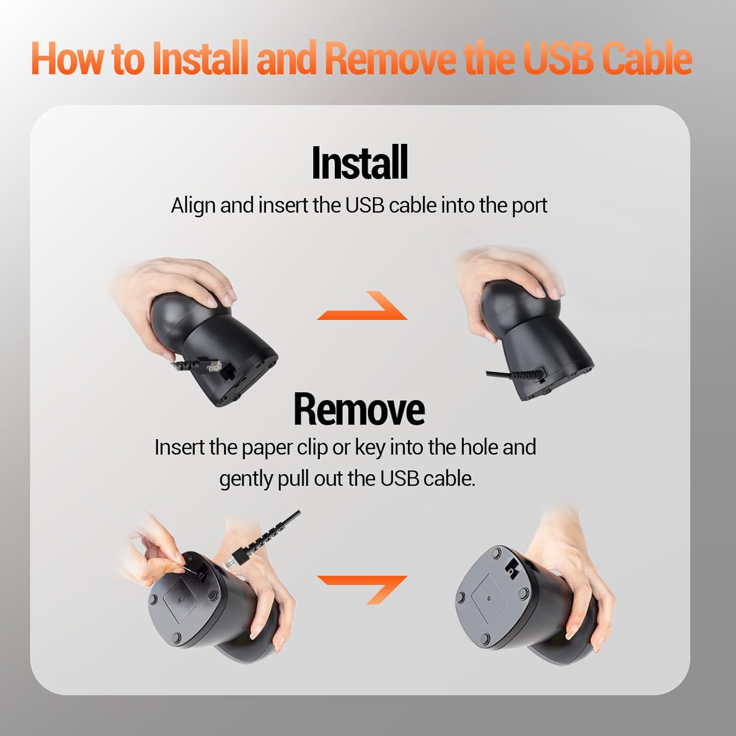 Instructions for installing and removing USB cable from Tera 9600 scanner