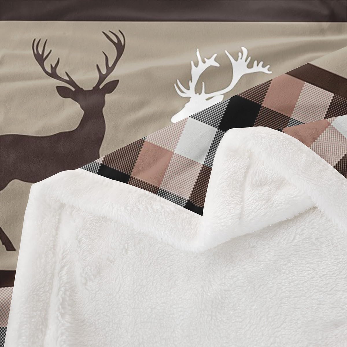 Rustic Deer Blanket 90"x90",Moose Patchwork Throw Blanket for Kids Teens Adult,Checkered Buffalo Plaid Fleece Blanket Woodland Wildlife Blanket Pine Trees Lodge Cabin Farmhouse Decor,Brown