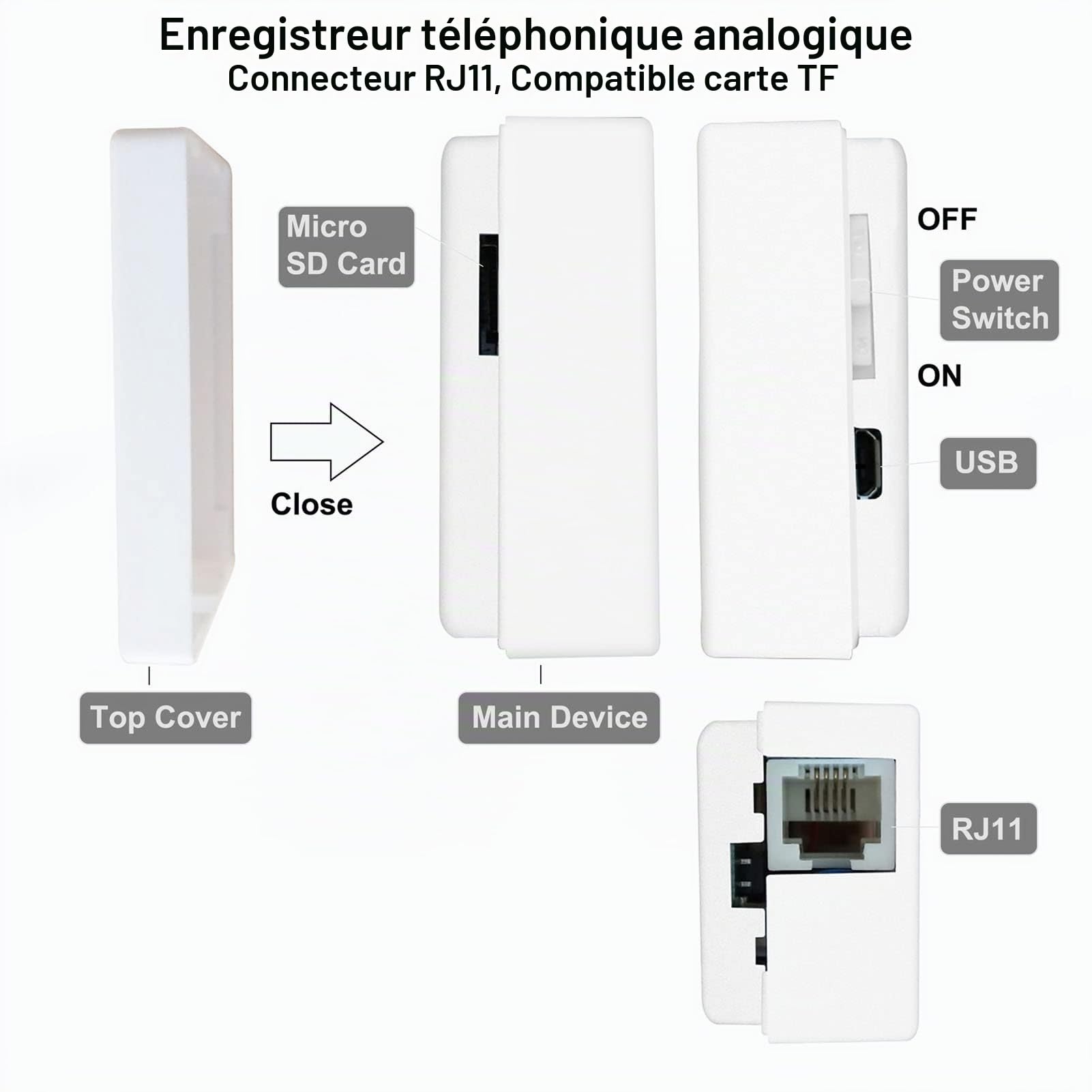 Enregistreur Téléphonique USB, Mini Enregistreur Automatique D'appels Téléphoniques Fixes de 32 Go, Dispositif D'enregistrement Téléphonique RJ11 pour les Lignes Fixes Analogiques/IP/numériques du Bur