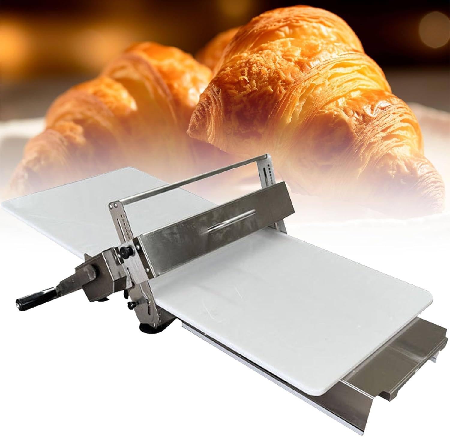 Rodillo de Masa con manivela, Rodillo para Fondant, Amasadora Manual, Máquina Manual para amasar Masa, para panadería, Pizza, Croissants, Rodillo de repostería de Acero Inoxidable Model300