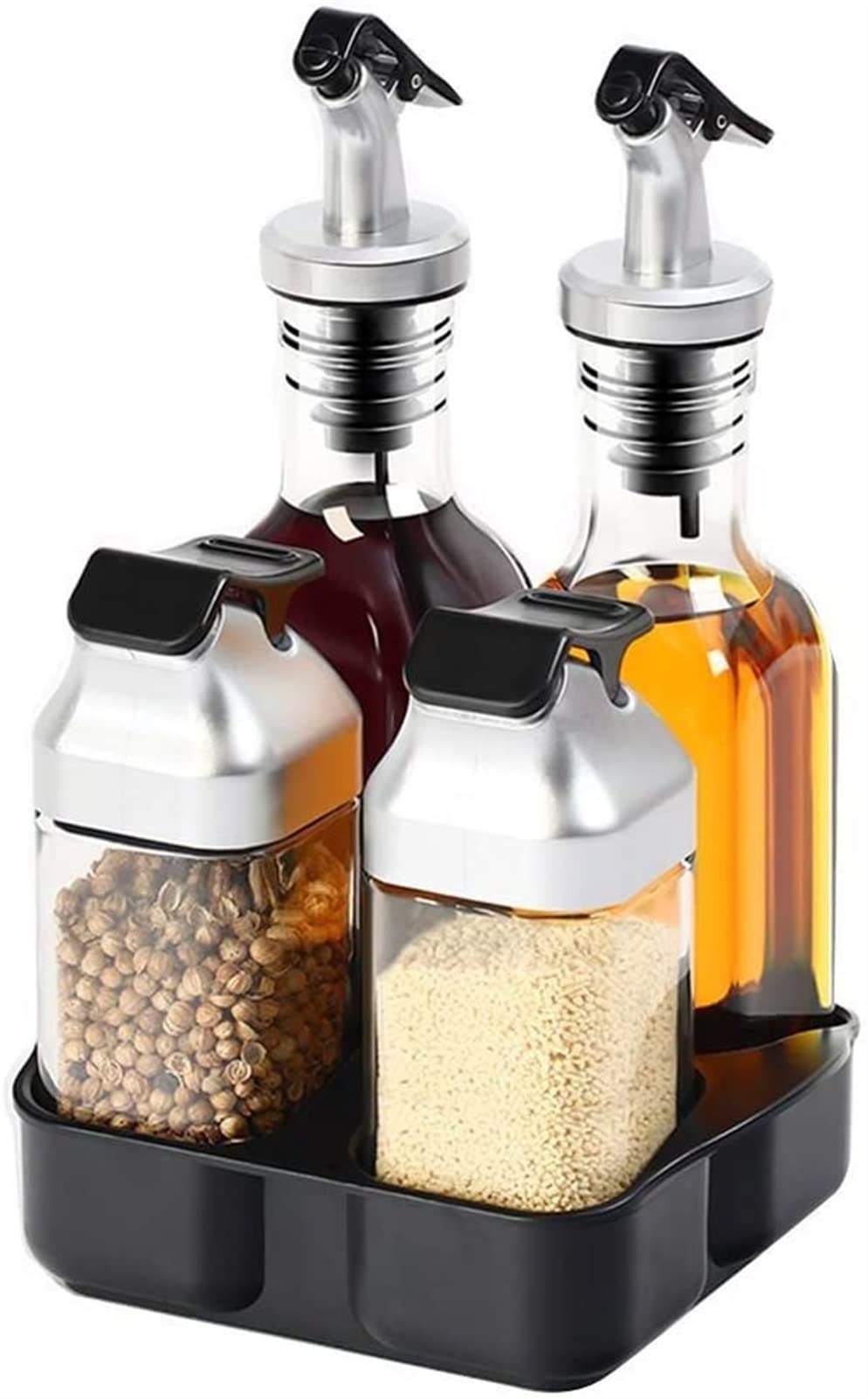 4 Piezas de Botellas de Jarra de Especias de Vidrio con Tops de dispensadores y Caddie de organización