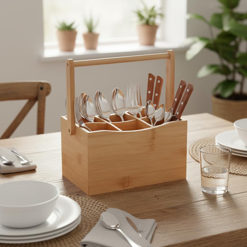 Deconox Bambu Taşıma Kulplu Çok Amaçlı Düzenleyici - 6 Bölmeli Çatal Bıçaklık | Ofis, Banyo ve Masaüstü Caddy Organizer (21.6x14x12.7 cm)