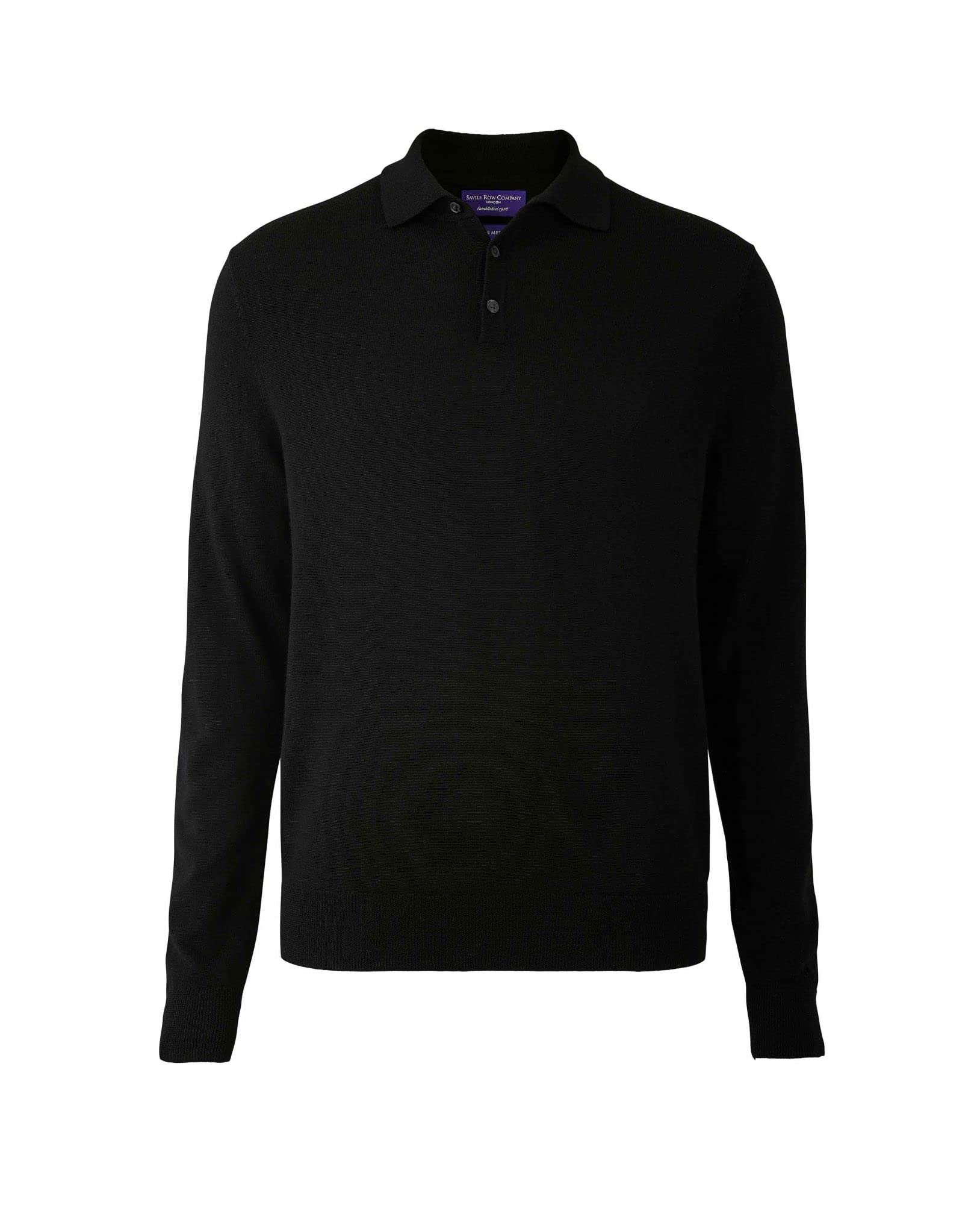Savile Row Company Men's Black Merino Wool Knitted Polo Shirt