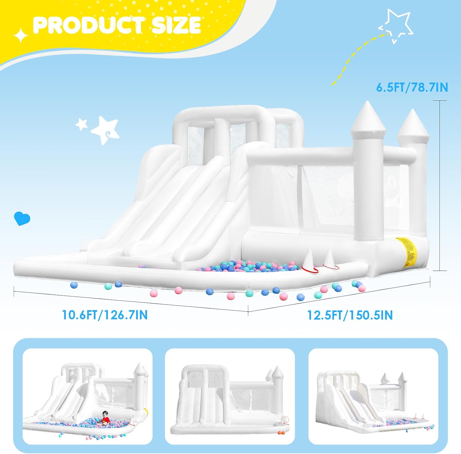 12.5FTx10.6FT Oxford White Bounce House, Kids Inflatable Castle with Slide and Ball Pool, Medium to Large Inflatable Bounce House,Can Be Used Indoors or Outdoors Wet and Dry Use Multi-Functional Toy