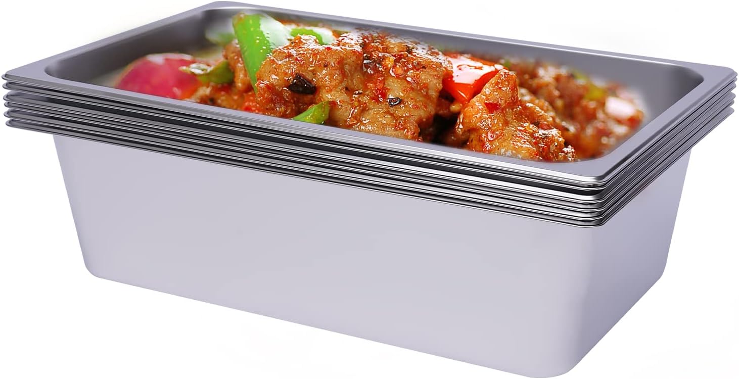 6 Pack Stainless Steel Steam Hotel Pan 6 inch Deep Restaurant Steam Table Pans Meal Food Containers Kitchen Commercial Catering Food Pan