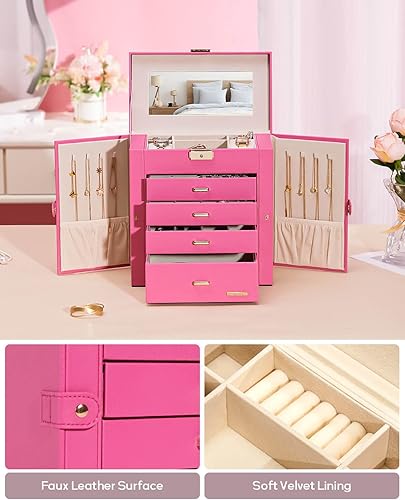 Miniatura 51 de Homde Regalos de Navidad de cuero sintético, enorme joyero, organizador de reloj con espejo, collar, anillo y aretes, estuche de regalo con Dorado