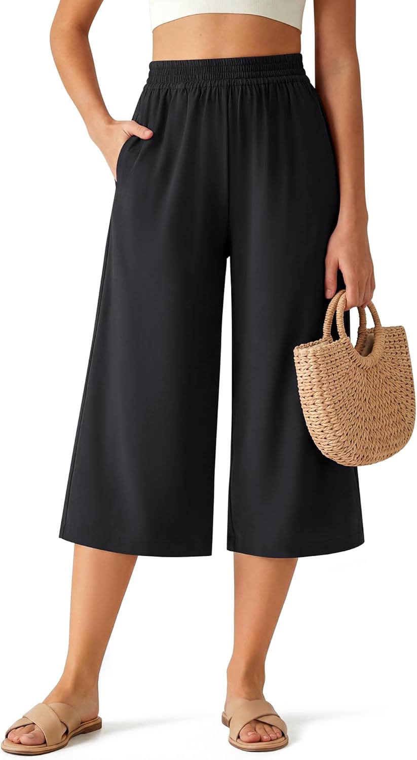 G4Free Chillwhisp Flowy Capri Pants for Women Lightweight Wide Leg Cropped Pants Elastic Waist Palazzo Capris for Beach