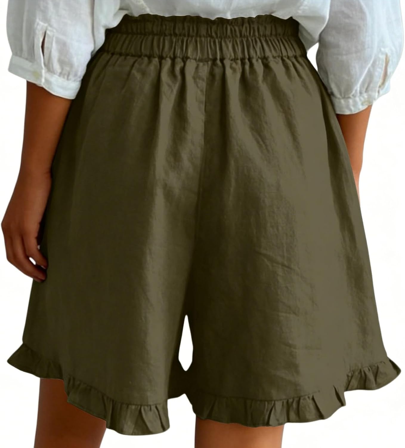 Cotton Linen Shorts for Women High Waisted Wide Leg Ruffle Summer Casual Beach Vacation Bermuda Shorts with Pockets