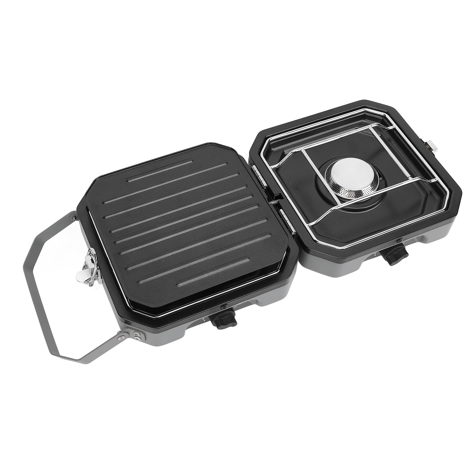 Dwupalnikowy Grill Gazowy ze Stali Nierdzewnej, Stolik Balkonowy, Podwójna Kuchenka Gazowa, Kempingowa Kuchenka Gazowa z Regulowanymi Palnikami i patelnią grillową, do