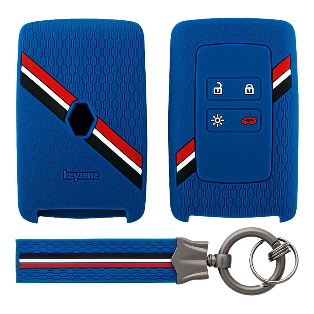 Keyzone® Striped Silicone Key Cover Compatible for Triber, Kiger Smart Card (Blue with Blue Striped Keychain)