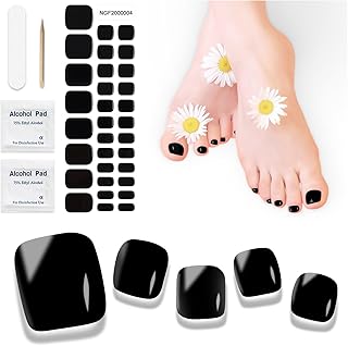 Semi Cured Gel Pedicure Strips | 32pcs (K Black) Gel Toenail Stickers Full Nail Wraps for Women Girls Works with Any UV Lamps Includes Nails Pads Nail File & Wood Stick