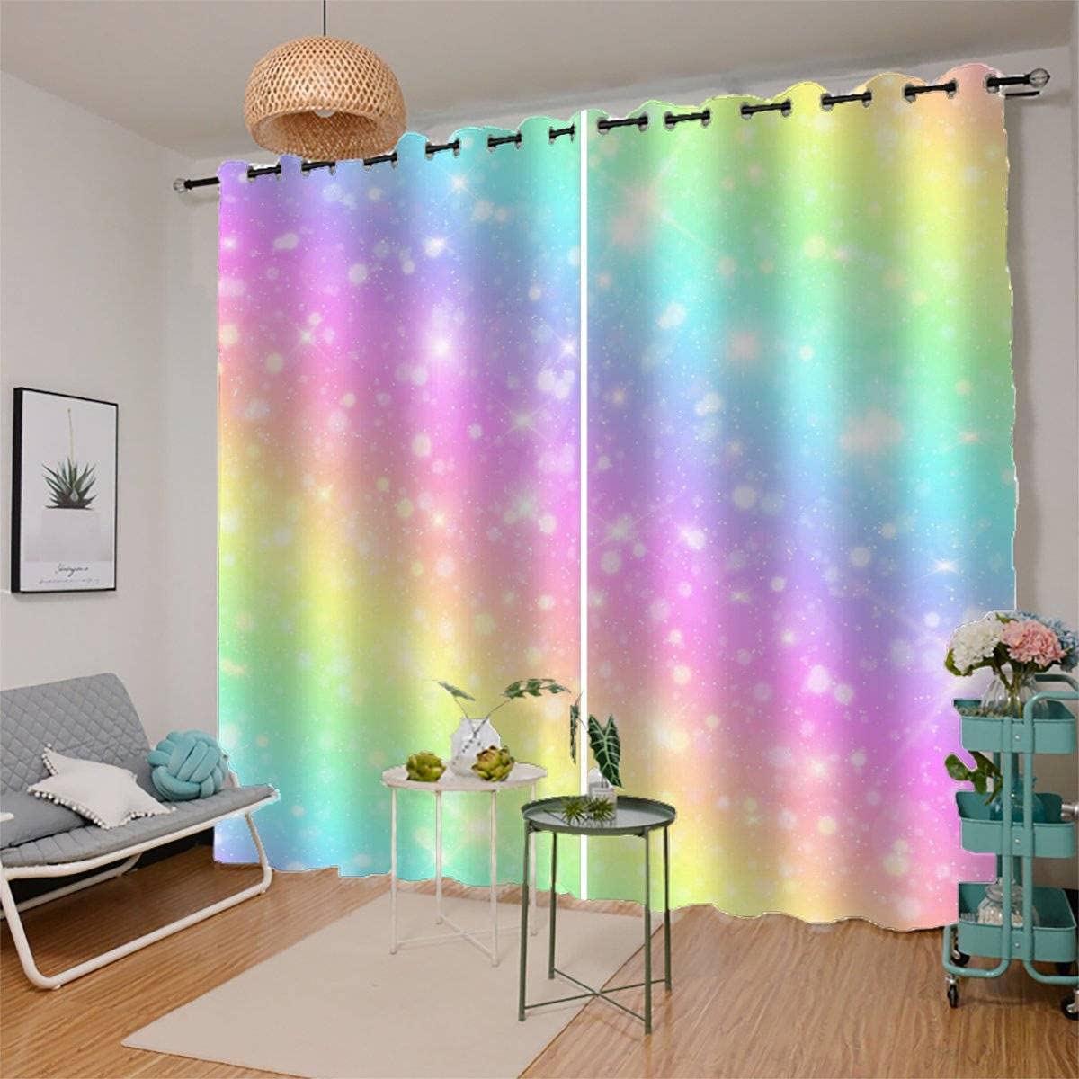 Rideau Occultant Arc-en-Ciel Rideaux Oeillet Polyester 3D Chambre Rideau Thermique Isolant Anti Froid Coloré Rideau Chambre Enfant （150x166 cm ）