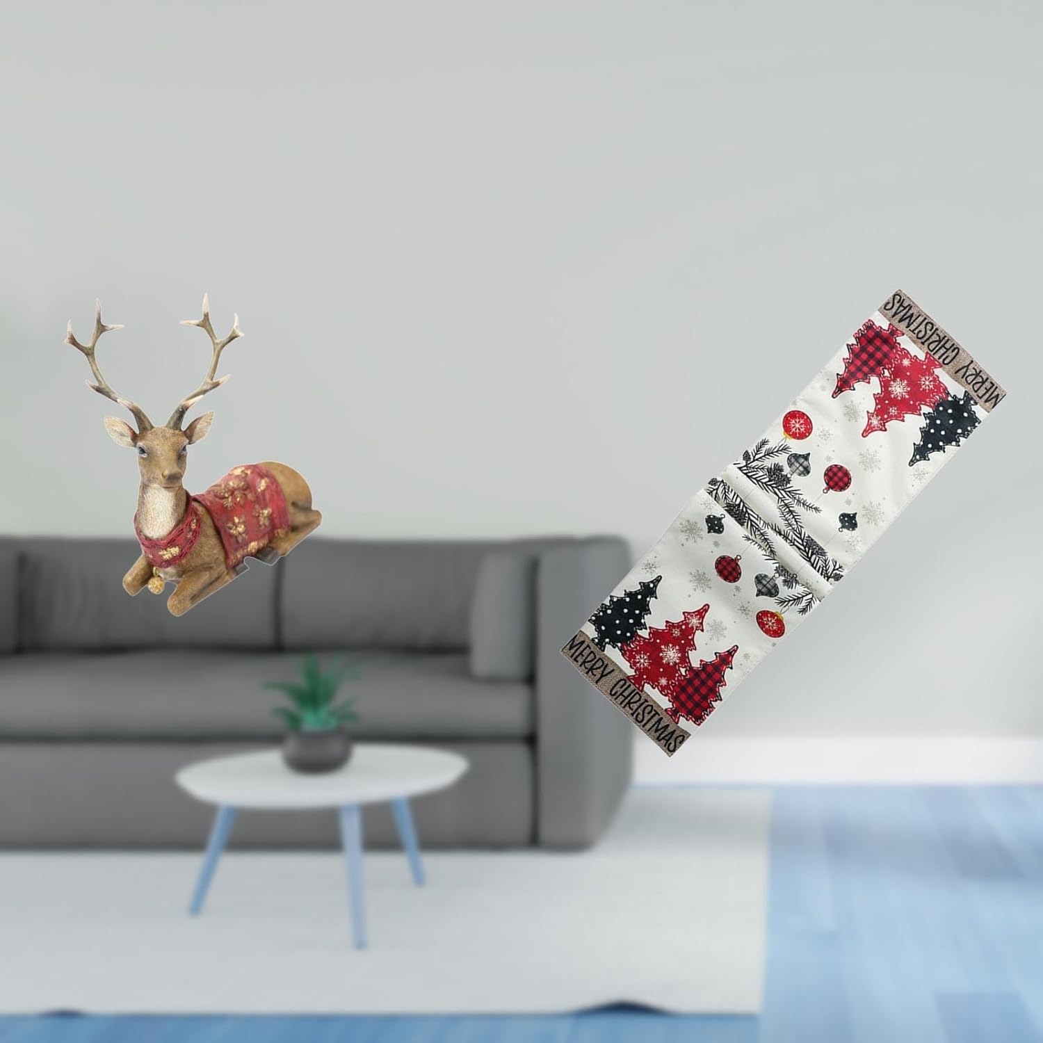 Fenteer Reindeer Figurines Christmas Table Runner Elk Deer Statue Tabletop Ornament with Festive Pattern and Material Suitable for Dining Table