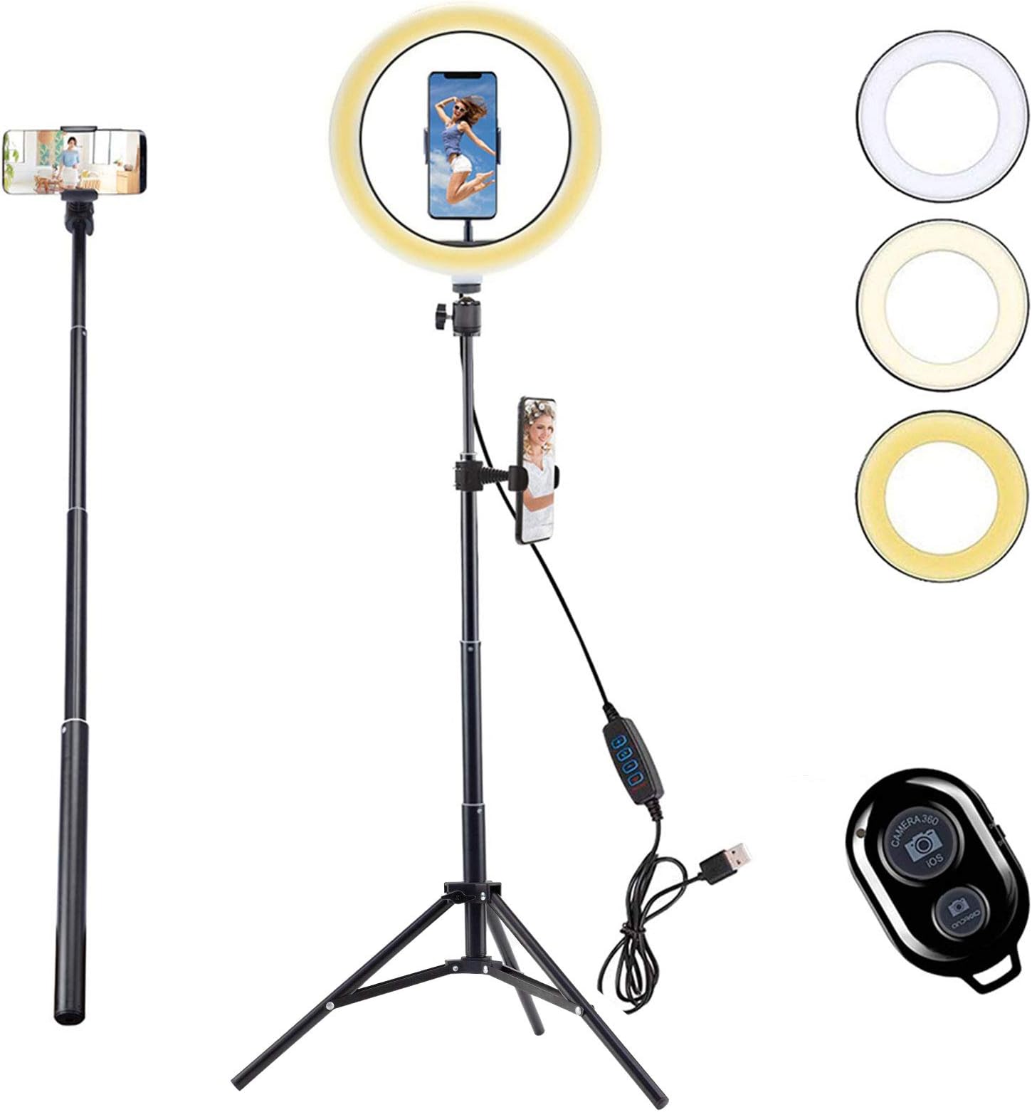 Autaky LED Ring Light, 10" Selfie Ring Light With Tripod Stand & Phone Holder, Dimmable Ring Light for Live Streaming, YouTube, Makeup, Video, USB Powered 3 Light Modes & 10 Brightness Levels