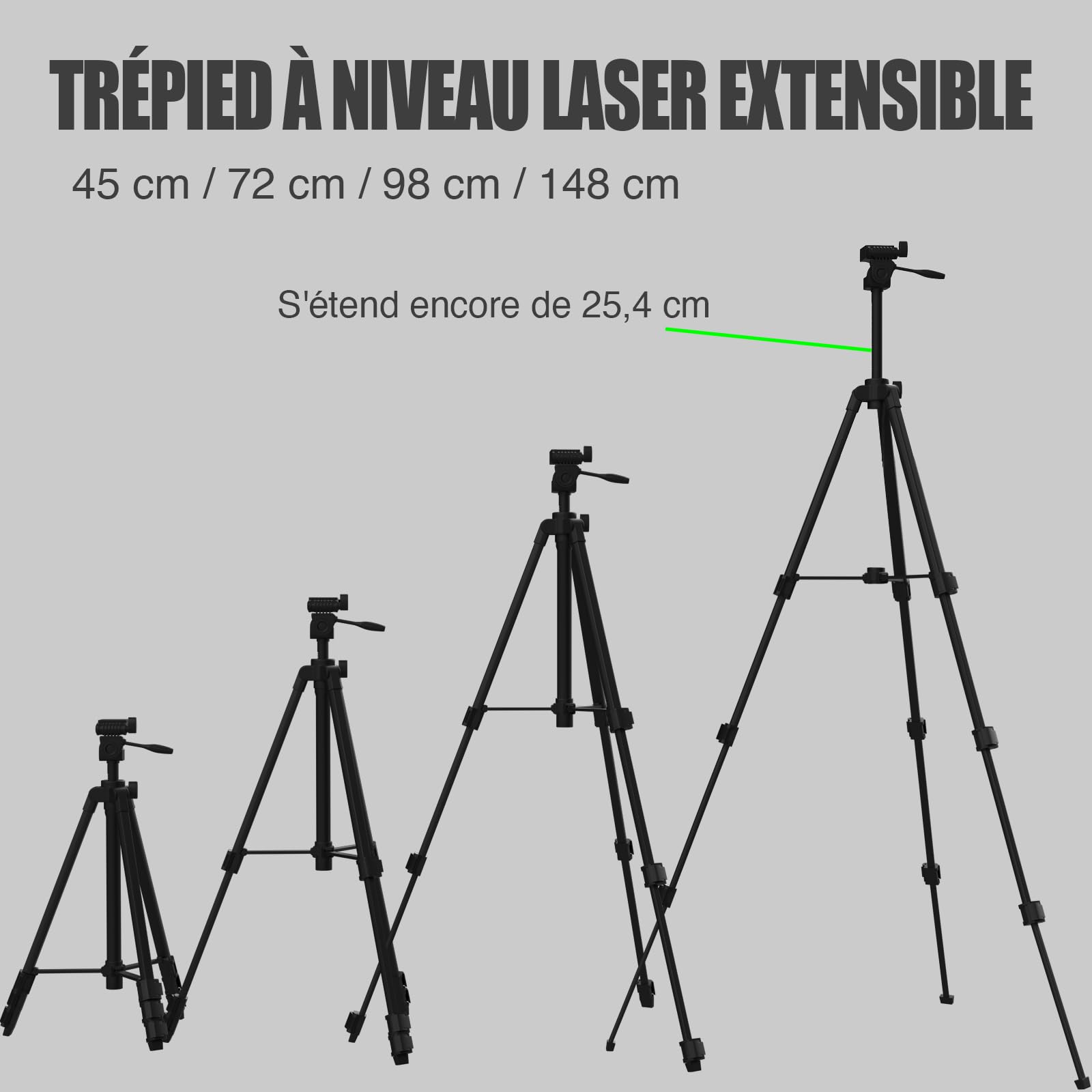 Trépied en aluminium pour nivellement laser de 148 cm de hauteur et 0,65 kg léger avec niveau de bulles, plaque de déclenchement rapide avec filetage de vis 1/4"-20 pour appareil de nivellement de