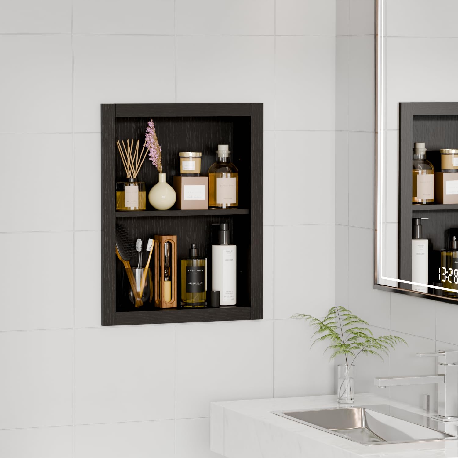 14'' * 18'' Recessed Medicine Cabinet Wall Niche Wood, 2-Tier Bathroom Niche Insert for Drywall, in Wall Shelf Medicine Cabinets Replacement, for Living Room, Bathroom Storage, Black