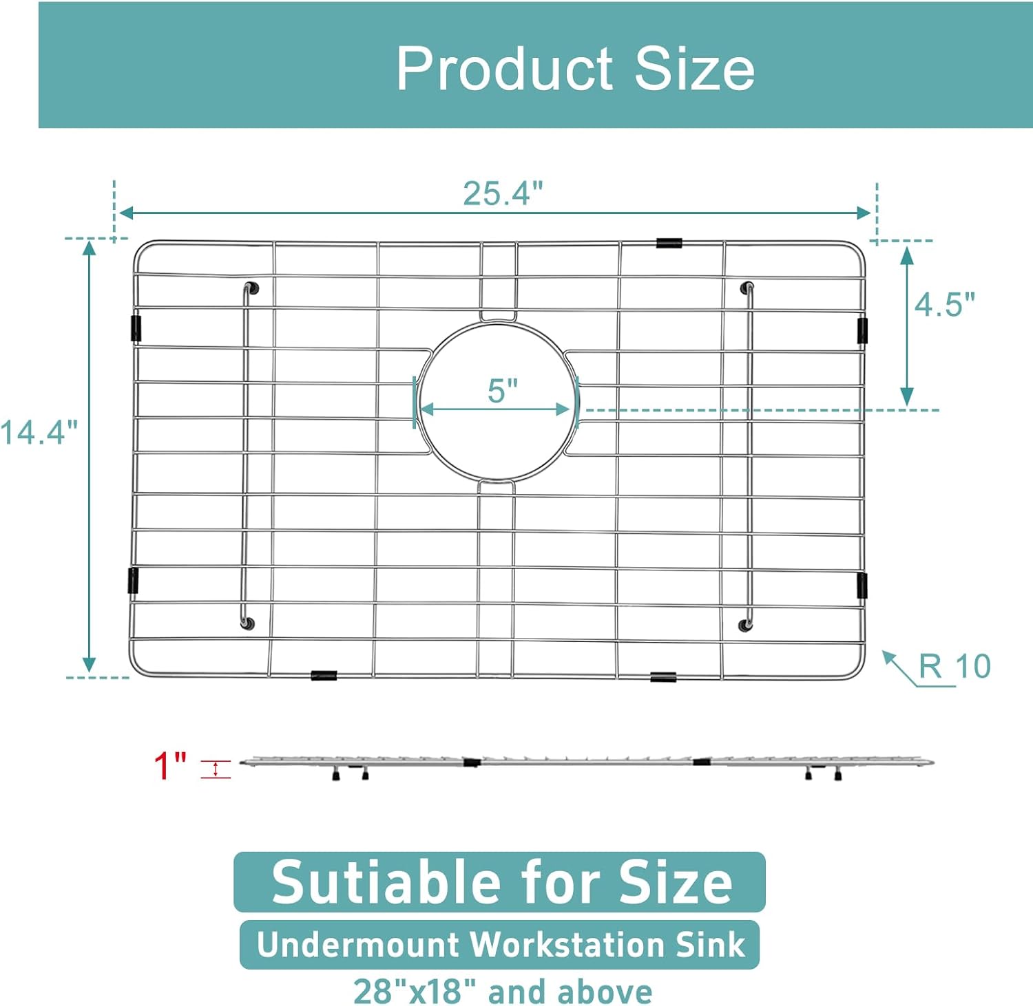 Stainless Kitchen Sink Protector - S304 Sink Grids for Bottom of Kitchen Sink, 26" x 15" with Rear Drain for Single Bowl Workstation Sink with Corner Radius