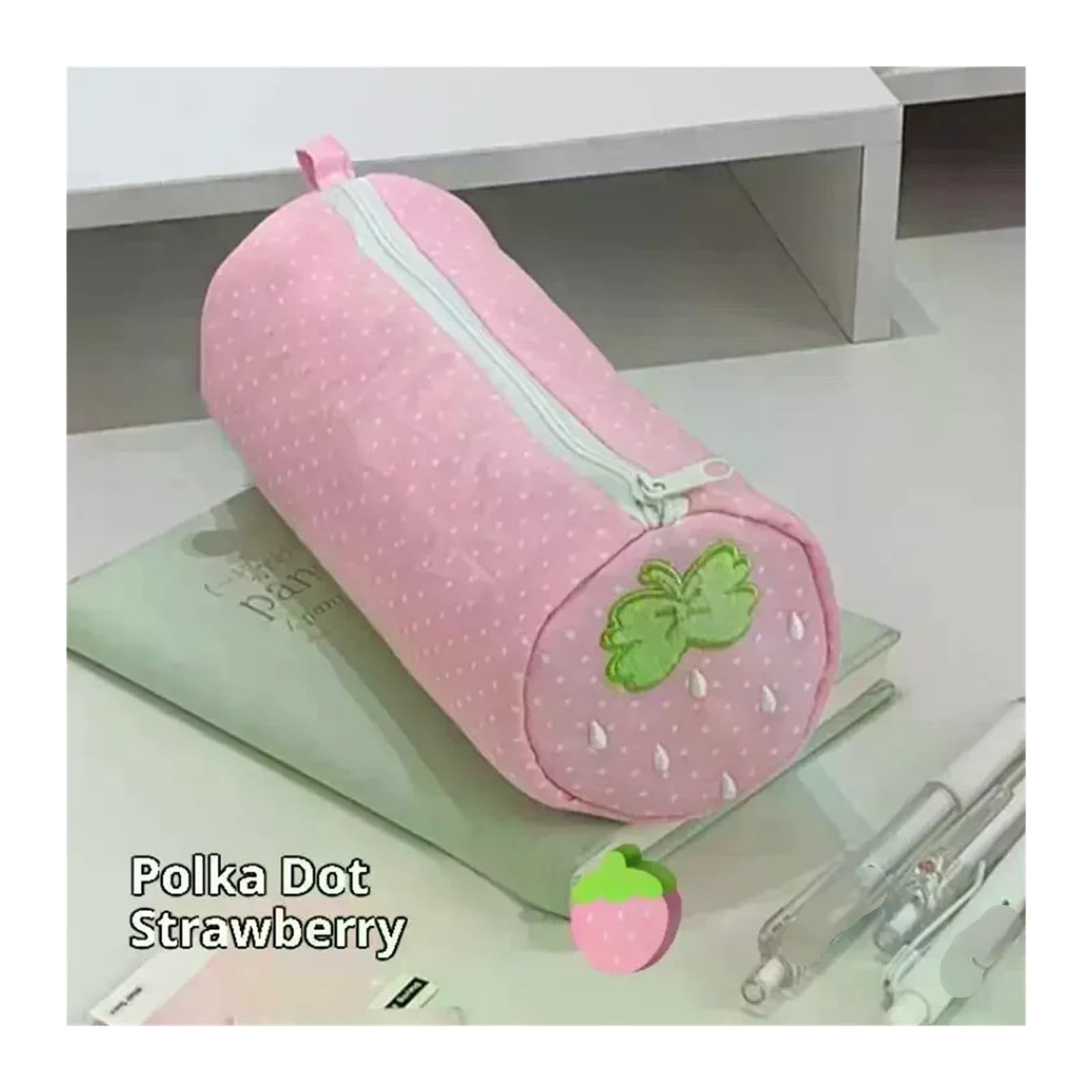 Astuccio con fragole for studenti | Rosa a pois, design color crema, grande capacità, portatile, regalo for il rientro a scuola(A1)