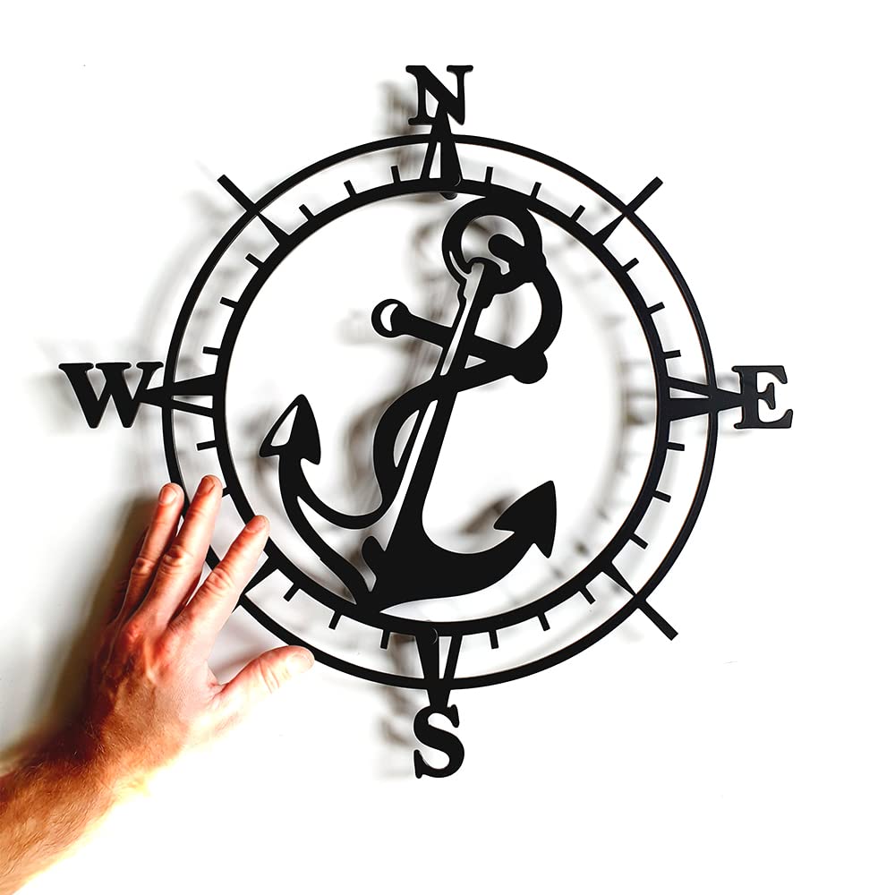 Decorizzly® Kompass aus Metall schwarz Windrose Kompassrose im nautischen Stil, 50cm modern 3D-Wanddekoration, Segeln Marine Wanderlust, Geometrische Wanddeko (Kompass ANCHOR)