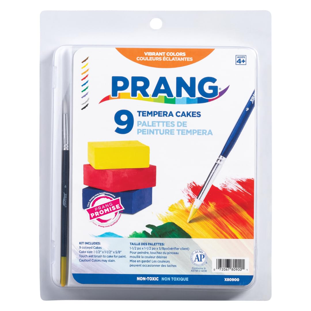 PRANG Gallery Classic Tempera Paint Cakes Lot de 12 pots de 9 couleurs avec poêle divisée et pinceau