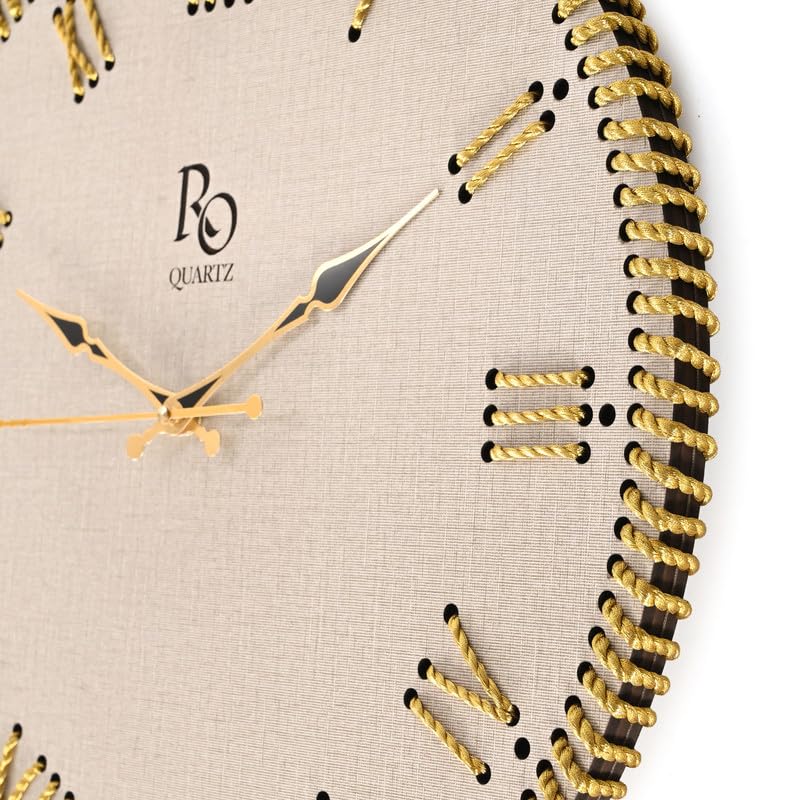 Image of Wooden Round Shape Roman Dial Wall Clock with Gold Zari Rope Detailing and Golden Hands | Silent Quartz Movement Anti Reflection Analog Vintage Clock for Home & Office (Ivory, 15.5 Inch)